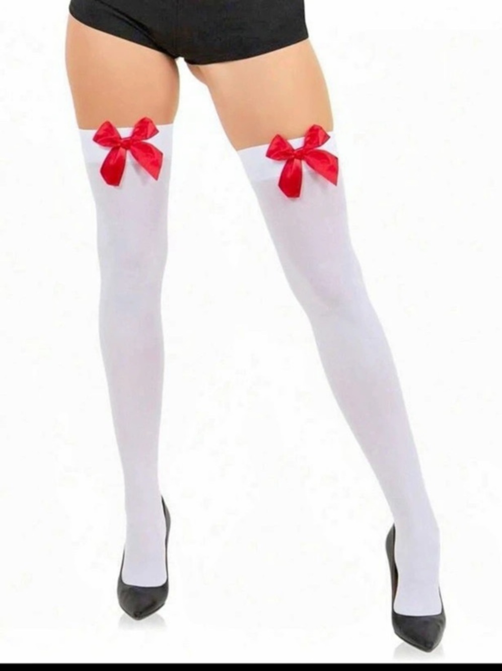 Satin Bow Accent Thigh Highs White & Red